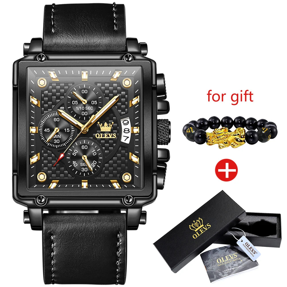 OLEVS Men Quartz Chronograph Watch Waterproof Leather Band Rectangle Case