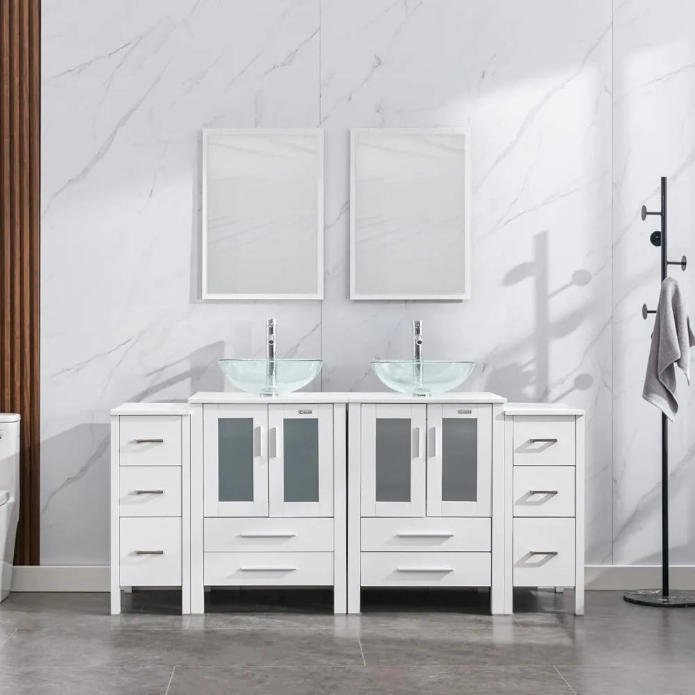Modern Bathroom Vanity Sink Combo with Small Side Cabinets Clear Round Glass Vessel Sink Water Saving Faucet and Pop Up Drain