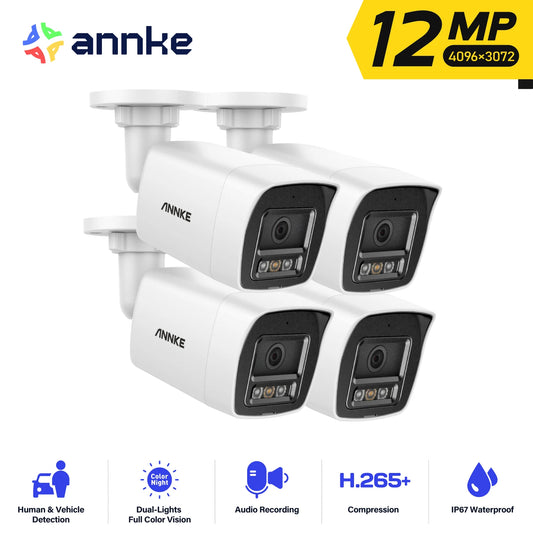 Annke 4 Pack 12MP Outdoor Smart Dual Light PoE Security Camera Color IR Night Vision Built-in Microphone IP67 Smart Home H.265+