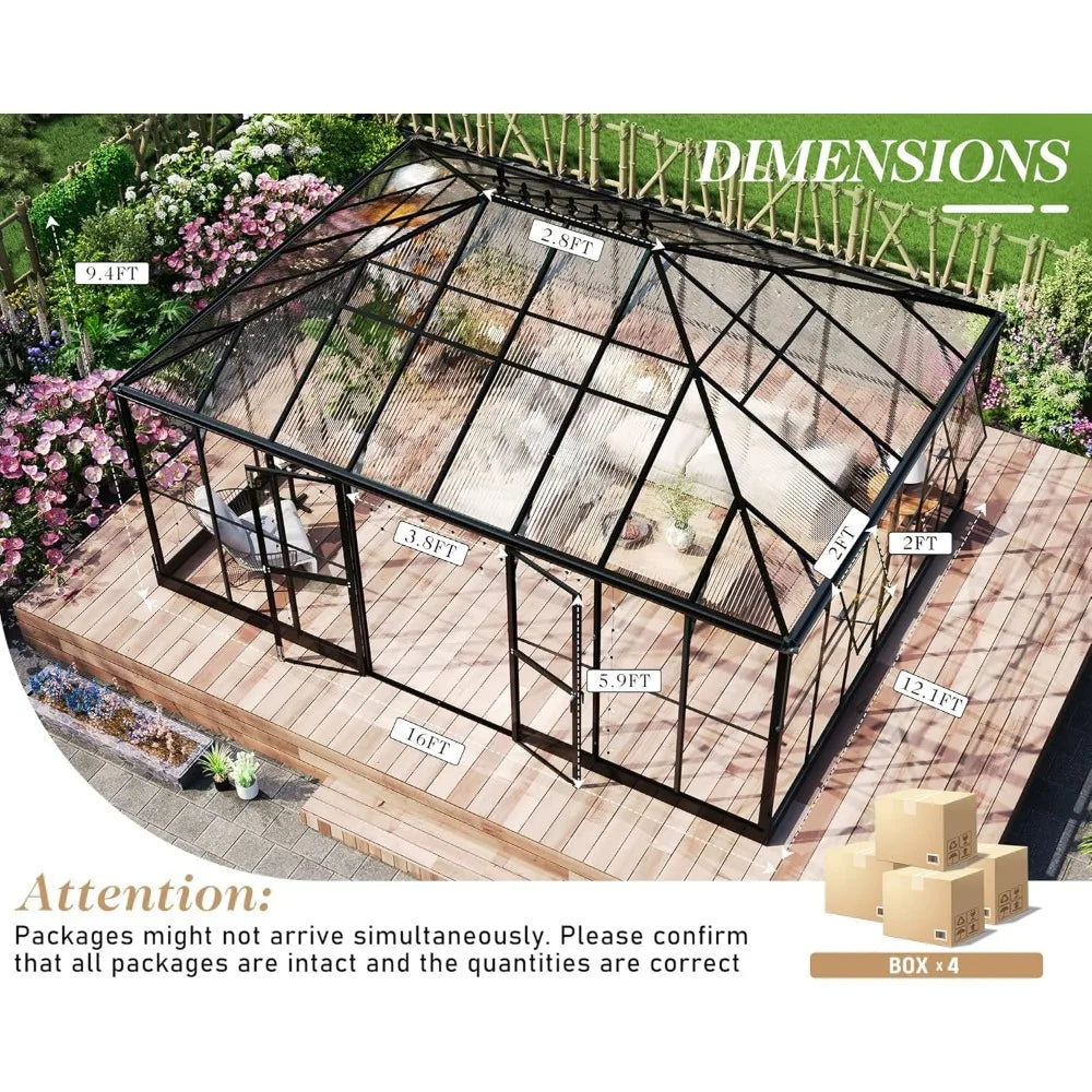 16x12x9.5 FT Pavilion Styled Greenhouse with Clear Panels Double Swing Doors and 4 Vents Hybrid Polycarbonate Greenhouse