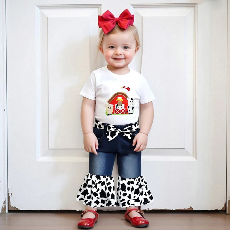 Baby Girl Farm Piglet Embroidery Denim Set With Headband