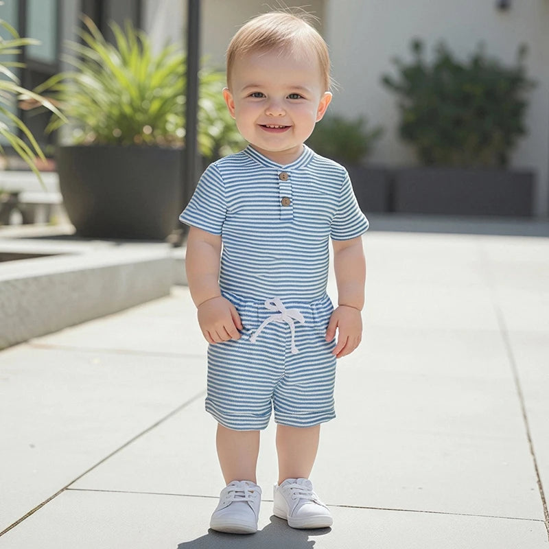 Toddler Boy Striped Shirt And Shorts Set V Neck Elastic