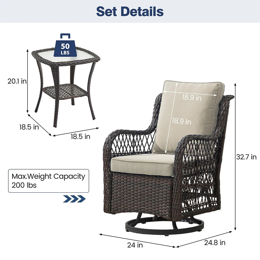 3 Piece Wicker Swivel Rocking Patio Set With Cushions Two Chairs And Glass Table