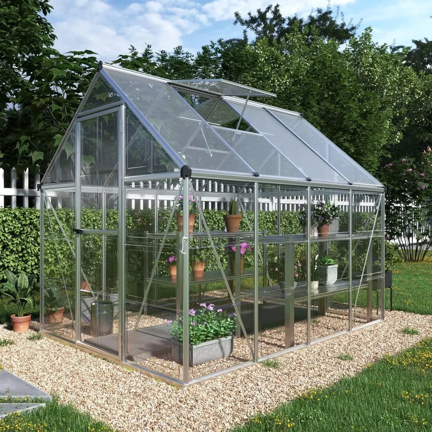 6x8 FT Hybrid Polycarbonate Greenhouse with Vent Windows and Lockable Hinged Door Walk-In Hobby Greenhouse