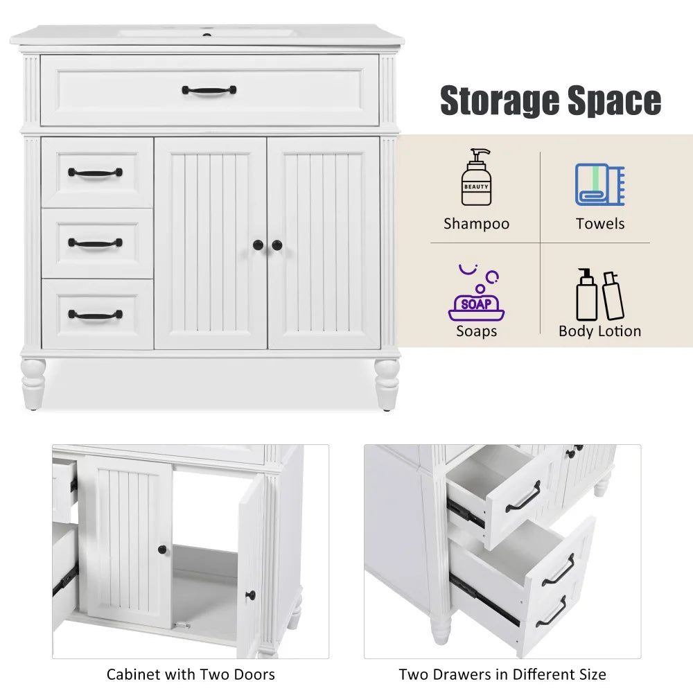 36 Inch Bathroom Vanity with Sink and Drawers Solid Frame MDF Board White