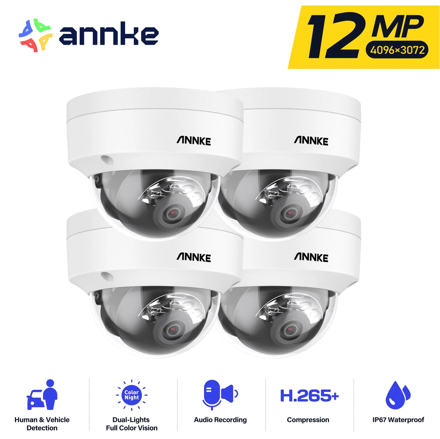 Annke 4 Pack 12MP Outdoor Smart Dual Light PoE Security Camera Color IR Night Vision Built-in Microphone IP67 Smart Home H.265+