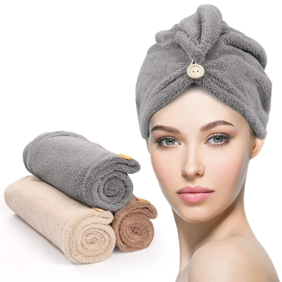 3 Pack Super Absorbent Microfiber Hair Towel with Buckle in Gray Camel and Brown