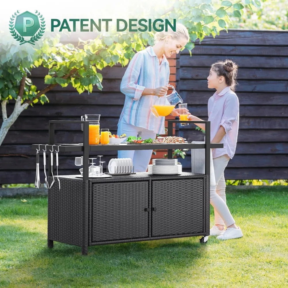 Large Outdoor Kitchen Wicker Island Rolling Cart and Patio Bar Table with Wheels and Black Glass Table Top for Backyard and Poolside