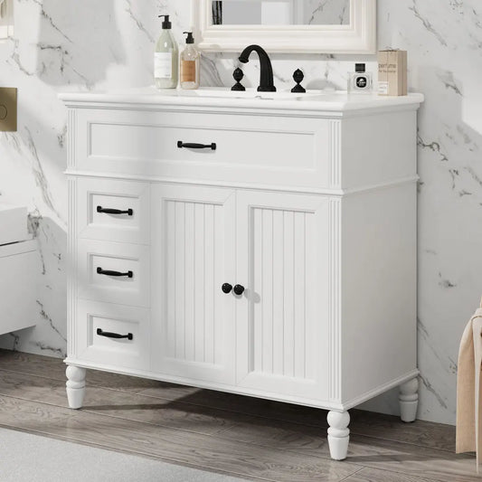 36 Inch Bathroom Vanity with Sink and Drawers Solid Frame MDF Board White