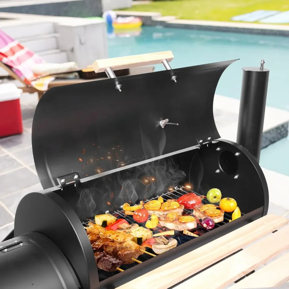 Charcoal Grill and Offset Smoker Outdoor Patio Barbecue Cooker with Wheels Side Fire Box for Camping Picnic Party