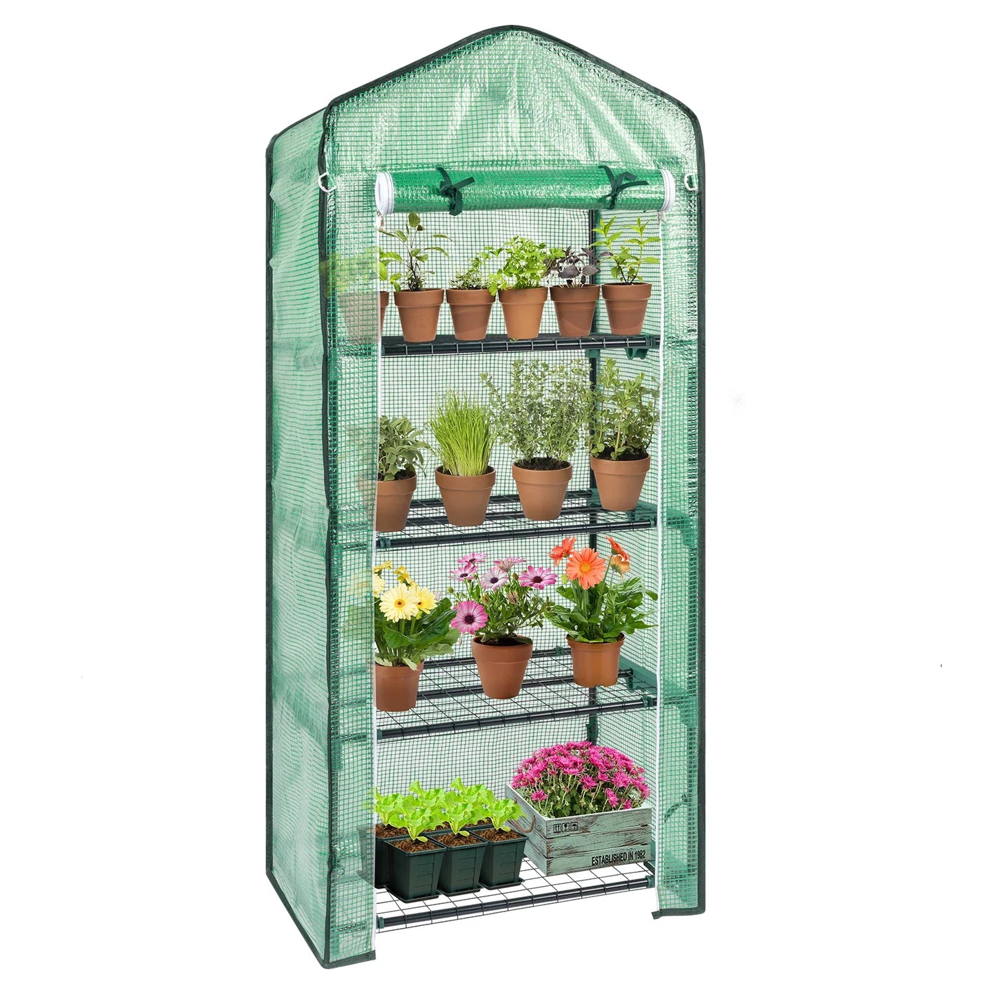 Black Iron Pipe Pointed Mini Flower Stand 69x49x160cm With 4 Layers Of Grid Zipper Rolling Door PE Cloth Greenhouse