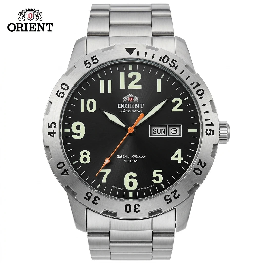 Orient Japanese Automatic Wristwatch for Men, 100M Water Resistant Dual Day Date Luminous Stainless Steel Sports Watch