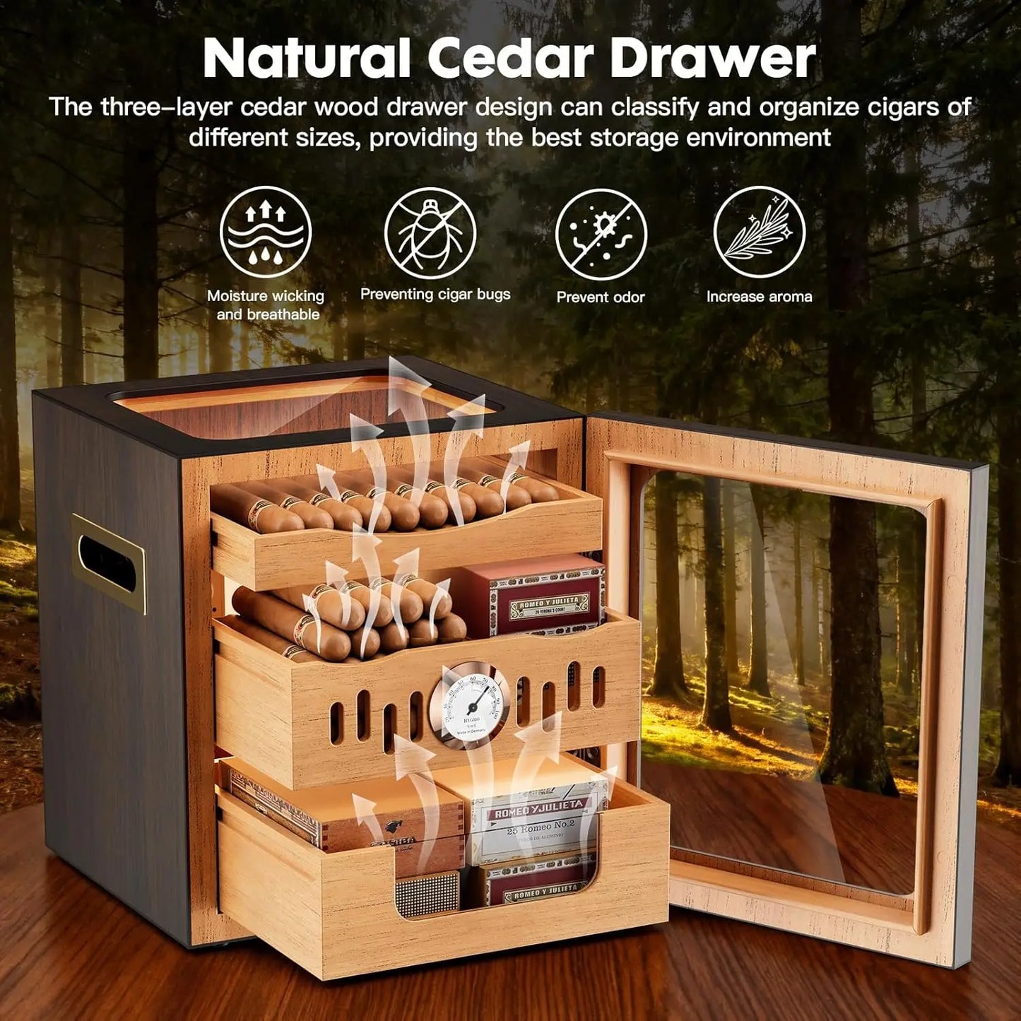 Walnut Cigar Humidor Cabinet LED Lighting Remote Hygrometer Case And Cutter