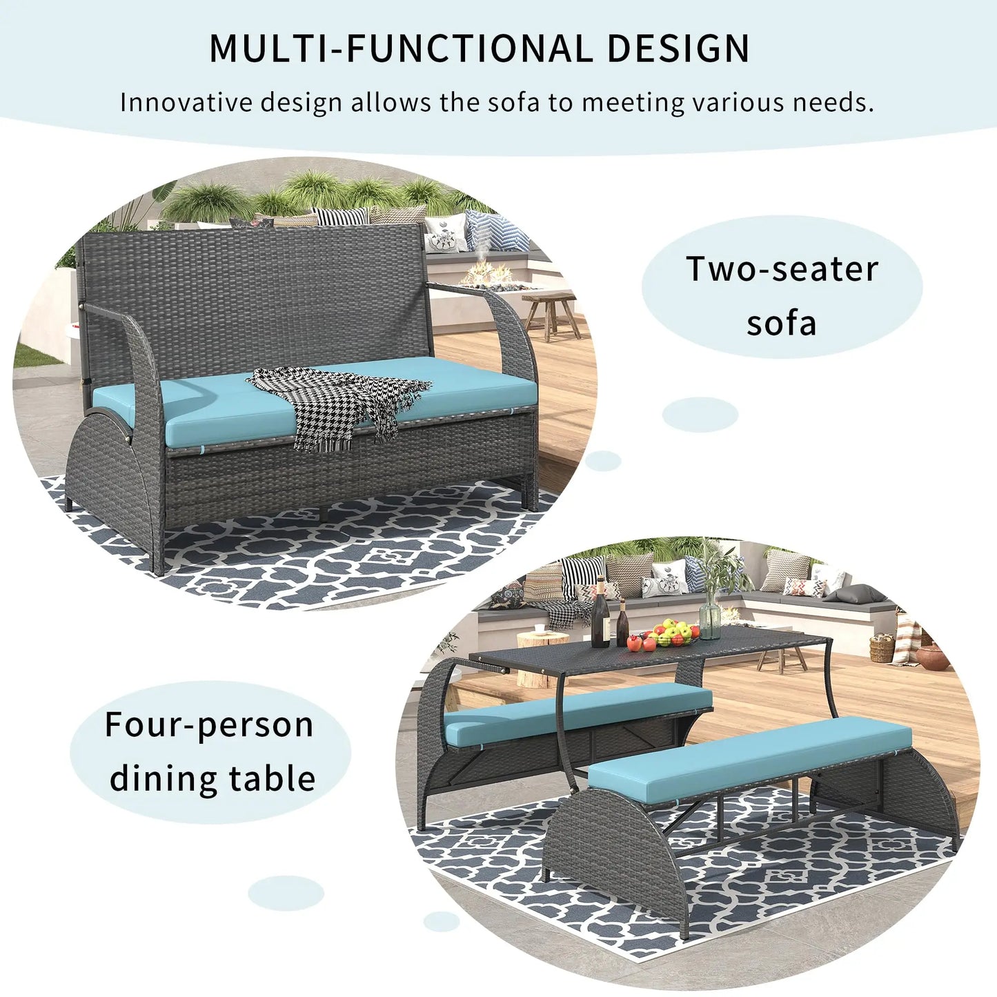 Outdoor Rattan Loveseat Convertible Bench Set Converts To 4 Seats And Table