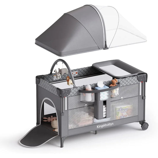 4 In 1 Baby Bassinet Pack and Play Bedside Crib Sleeper with Bottom Storage and Toy Bar for Newborns and Toddlers