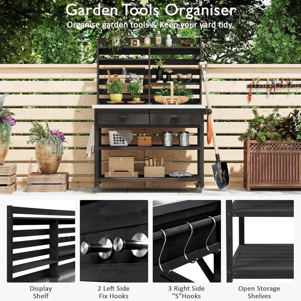 Outdoor Potting Bench With Lockable Wheels Stainless Steel Top And Towel Rack