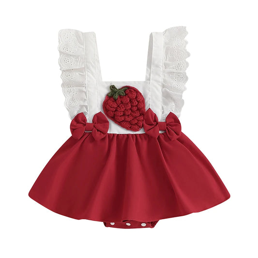 Infant Girls Rompers Dress with Cute Strawberry Embroidery Bow Lace Fly Sleeve Skirt Hem Adorable Summer Bodysuits