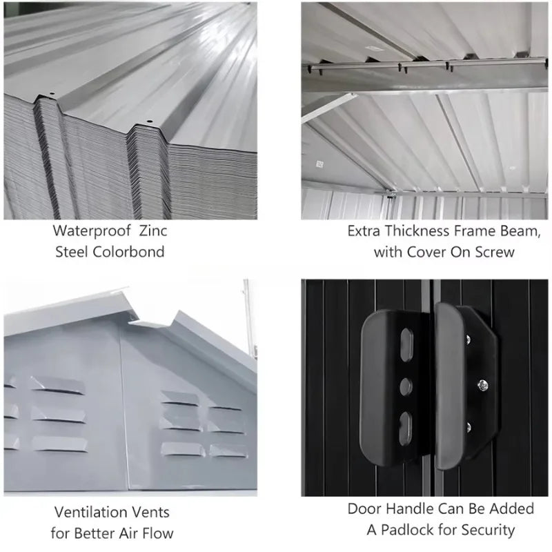 Eco Friendly Lockable Metal Garden Storage Shed With Sliding Doors Waterproof