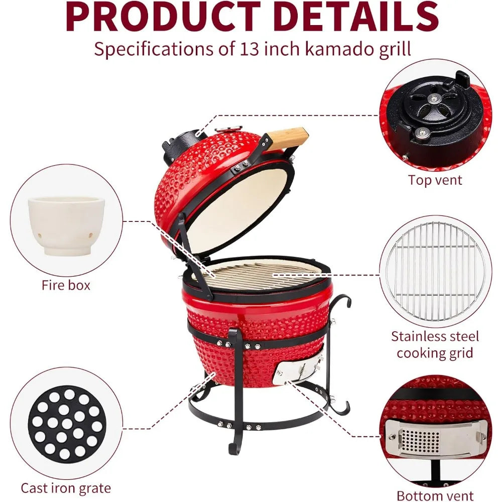 13" Round Kamado Charcoal Grill, Portable Ceramic Barbecue Grill With Thermometer For Variations On Cooking Methods(Red)