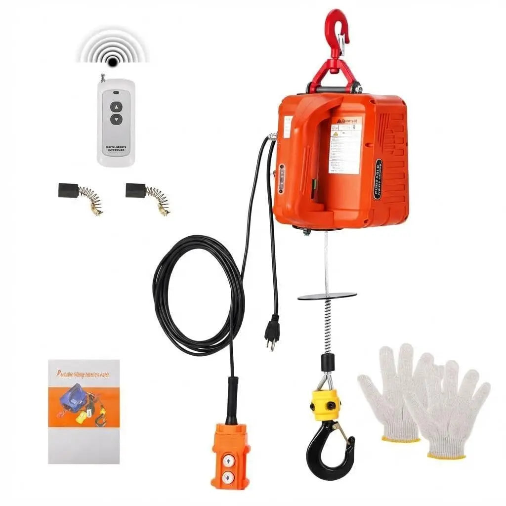 3 In 1 Electric Hoist Winch 1500W 110V Portable Remote Control Crane 1100 Lb
