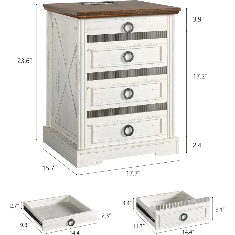 Farmhouse Night Stand with Gun Drawer Bedside Table with Charger Station LED Nightstand with Human Sensor Light Smart End Tab