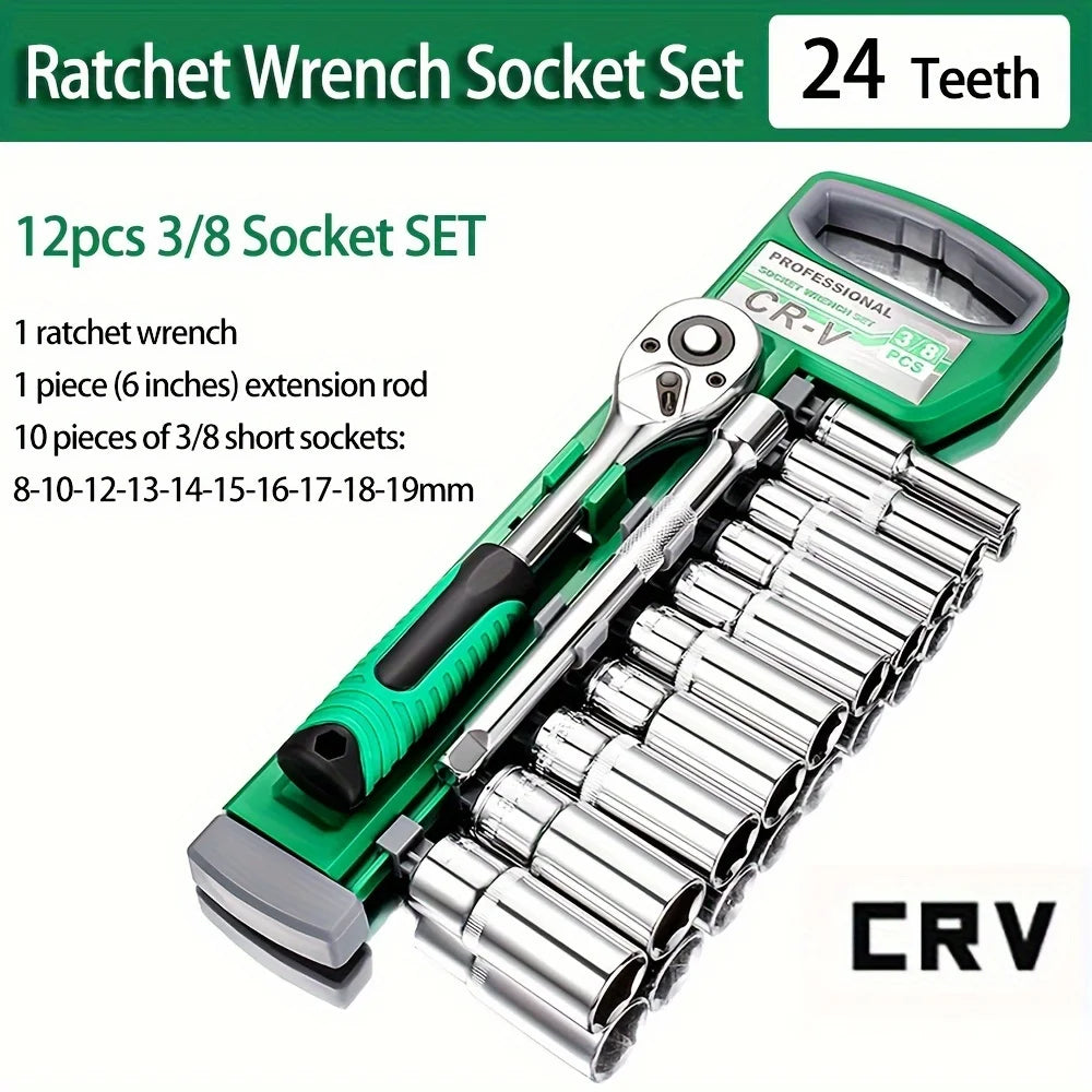 12PCS Ratchet Socket Wrench 3/8 Inch Drive,Metric Sockets Release Ratchet Handle and Extension bar,72/24 teeth Ratchet wrench