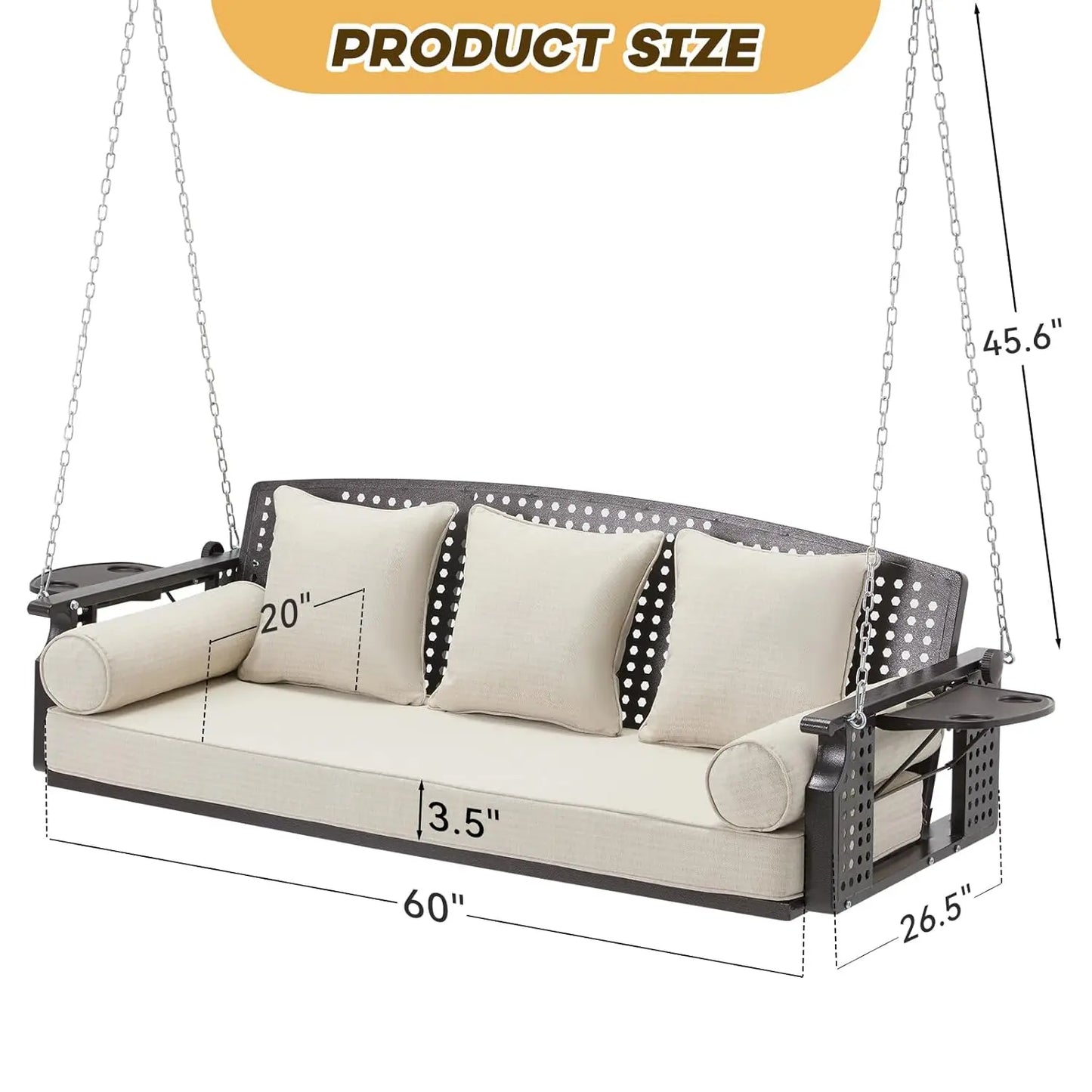 3 Seat Porch Swing With Cup Holders And Back Cushions For Deck Garden