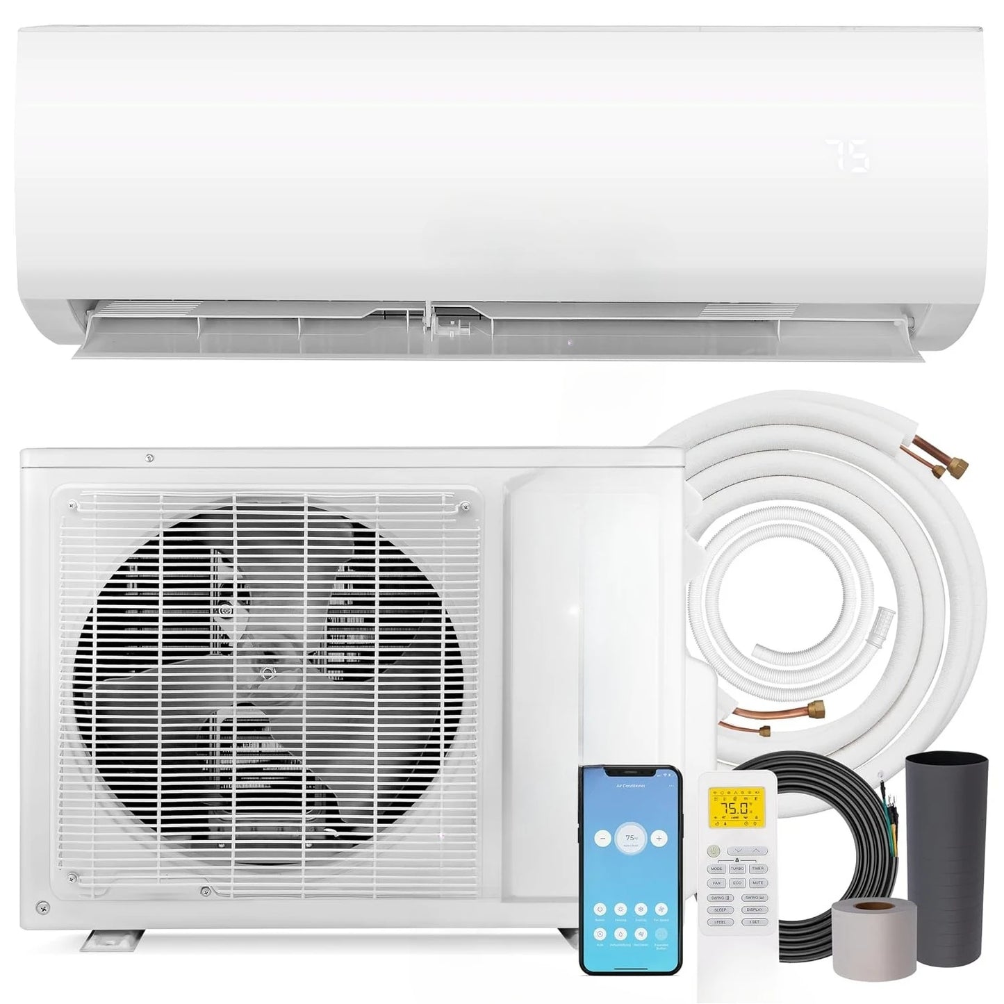 18000 BTU Mini Split AC & Heater, Wall-Mounted Indoor Outdoor Units with WiFi & Install Kit for Home Office Bedroom, Custom