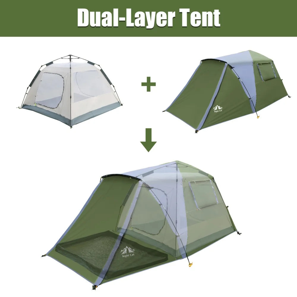 Night Cat Cabin Tent with Vestibule: 2-4 Persons Pop Up Camping Tent Double Layers Easy Quick Setup Waterproof  Instant Set Up Tent