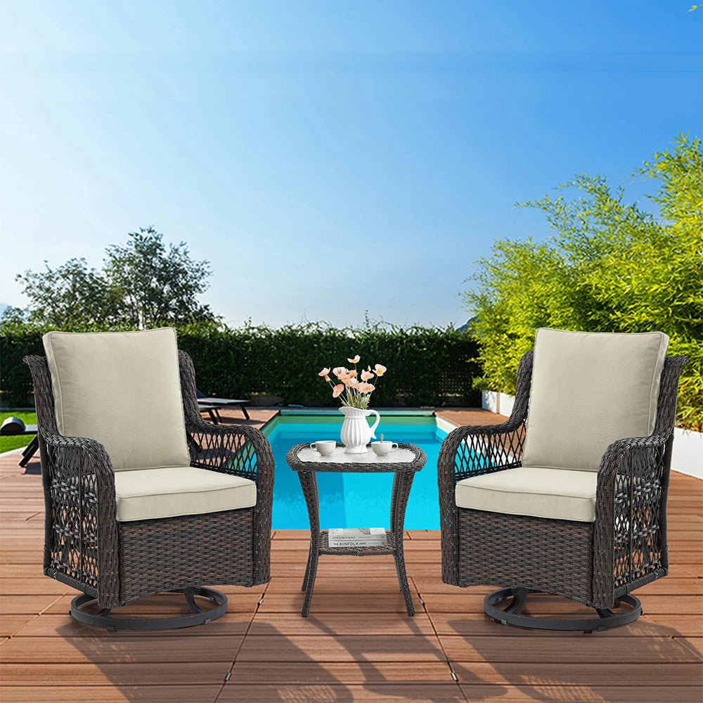 3 Piece Wicker Swivel Rocking Patio Set With Cushions Two Chairs And Glass Table