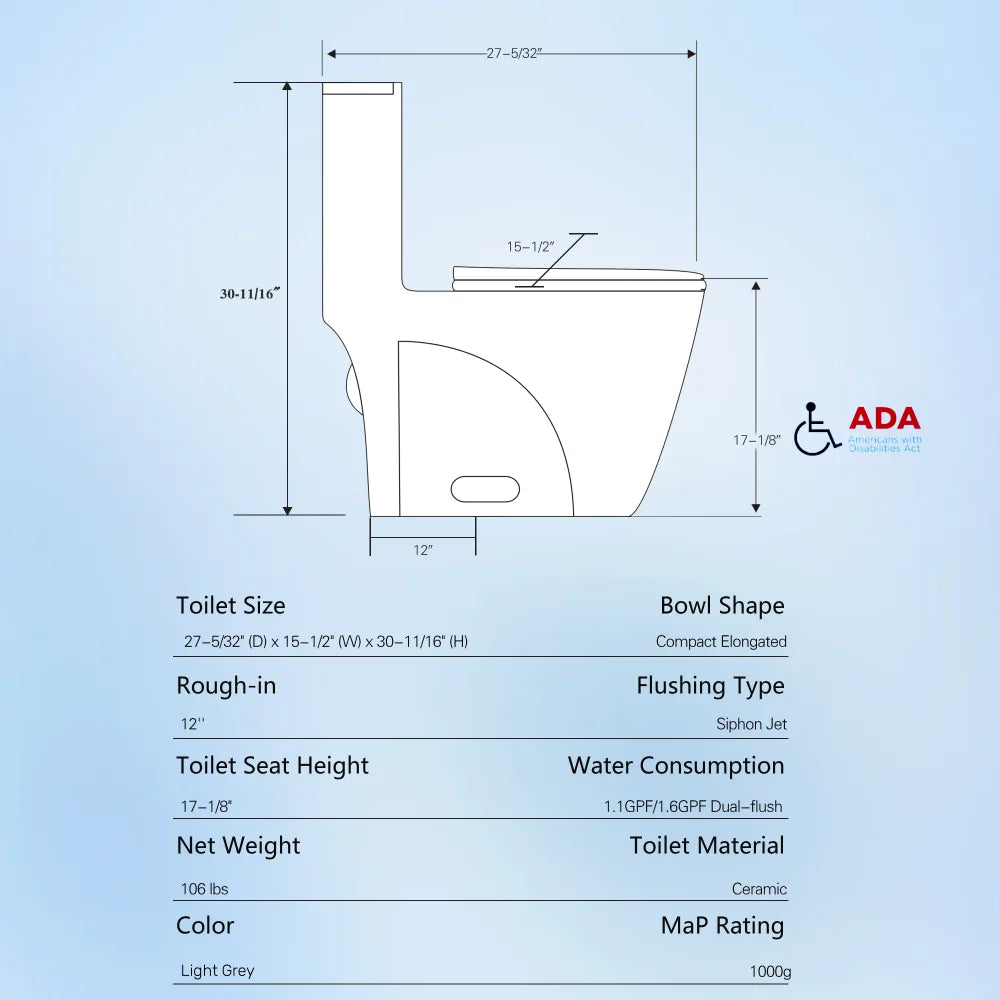 1.1/1.60 GPF Dual Flush One Piece Toilet Water Saving Elongated Comfort Height Floor Mounted Soft Close 1000 Gram Map