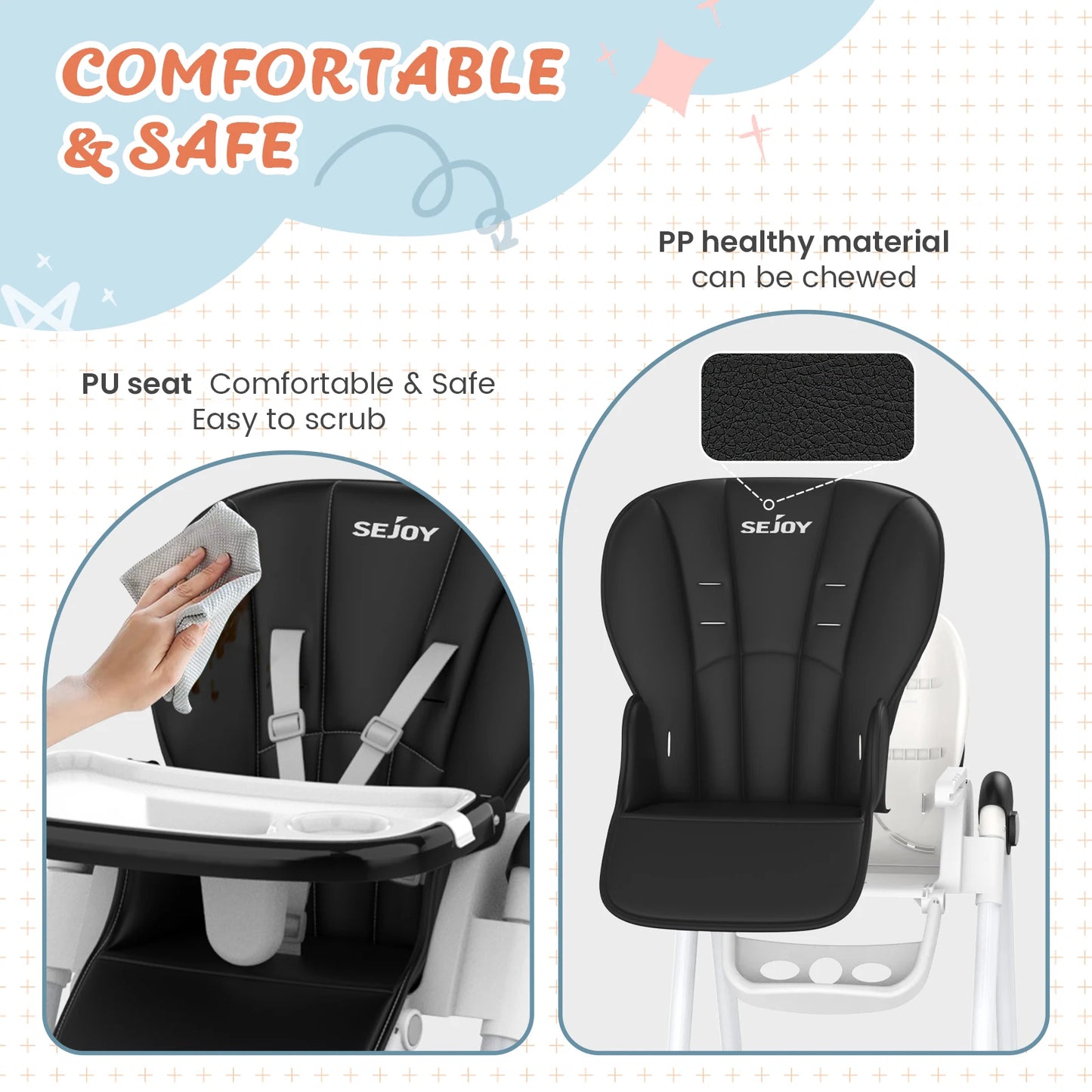 Sejoy Baby High Chair Folding Convertible Removable Tray Adjustable Seat for Infants