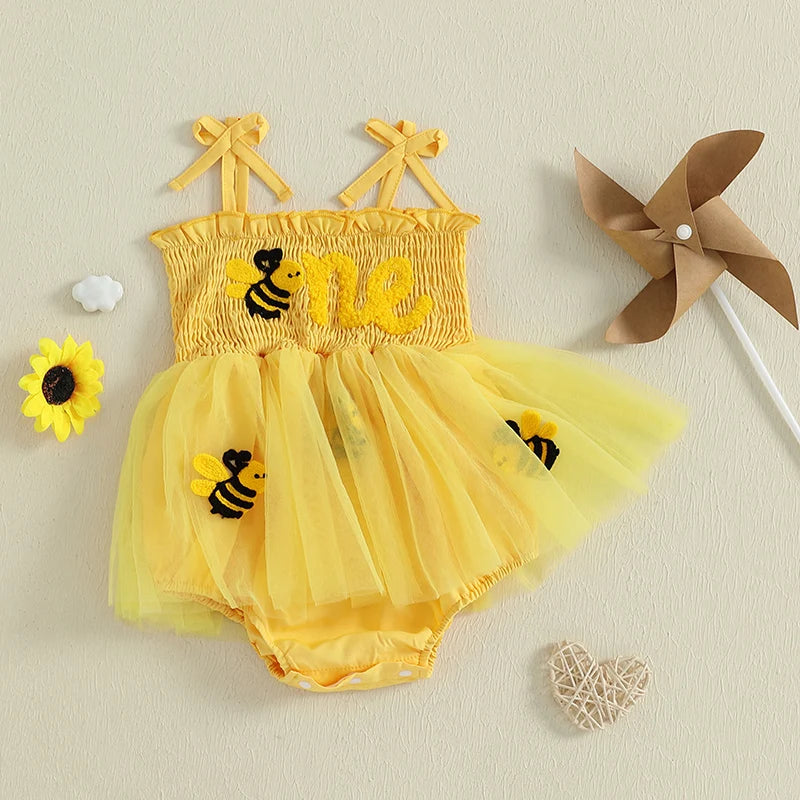 Infant Girl Bee Embroidered Sleeveless Birthday Dress
