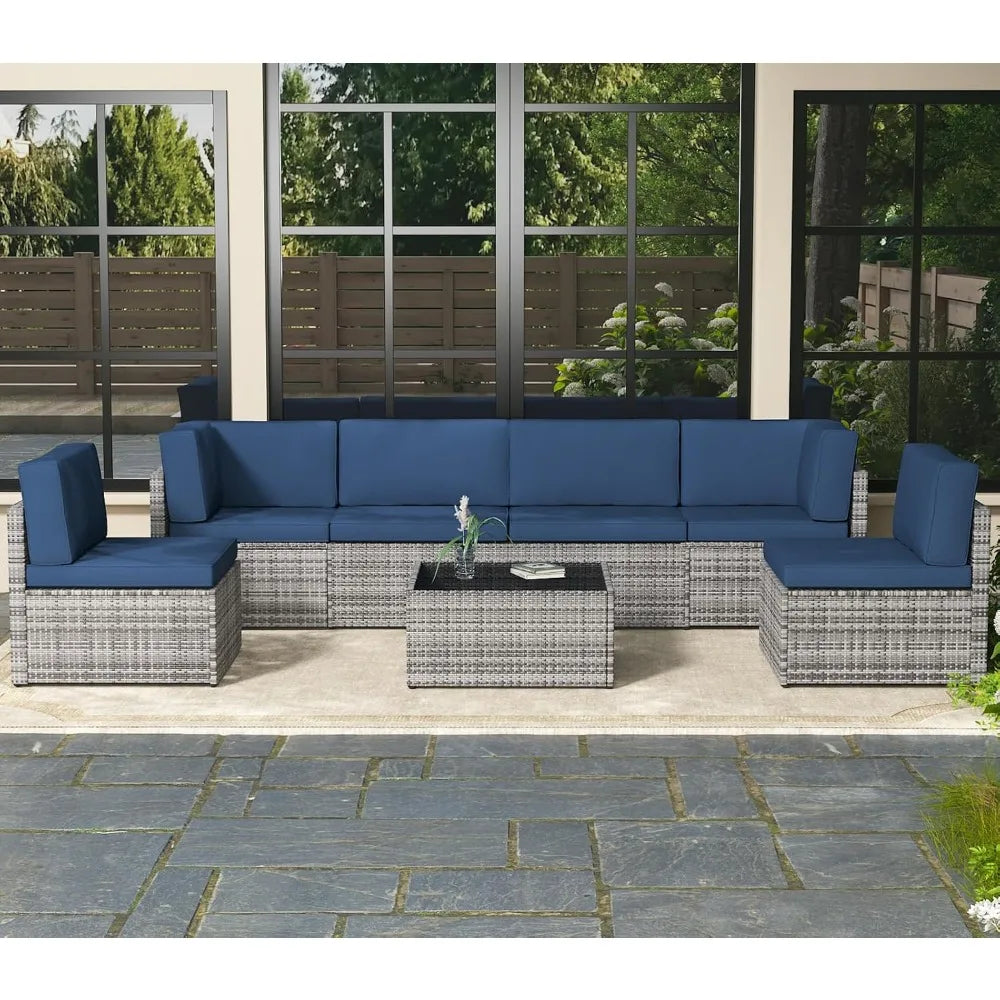 7 Piece Outdoor Patio Furniture Set Sectional Conversation Sofa with Coffee Table L Shape Design for Garden and Deck