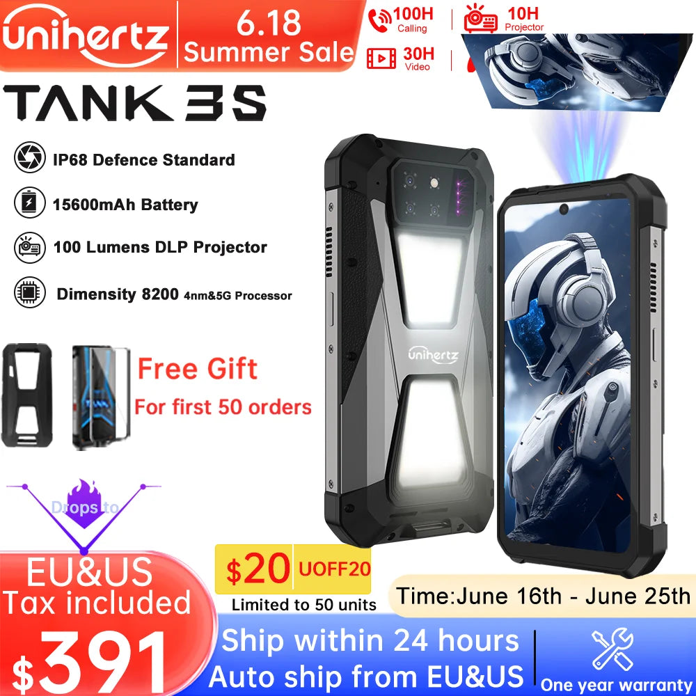 Unihertz Tank 3S 8849 Powered Smartphone with Projector 24GB 32GB 256GB 512GB Dimension 8200 Cellphone 15600mAh 66W Fast Charging