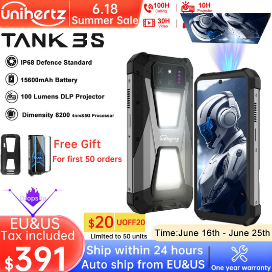 Unihertz Tank 3S 8849 Powered Smartphone with Projector 24GB 32GB 256GB 512GB Dimension 8200 Cellphone 15600mAh 66W Fast Charging