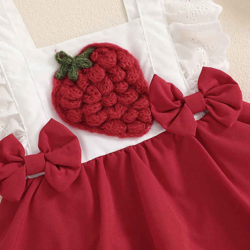 Infant Girls Rompers Dress with Cute Strawberry Embroidery Bow Lace Fly Sleeve Skirt Hem Adorable Summer Bodysuits