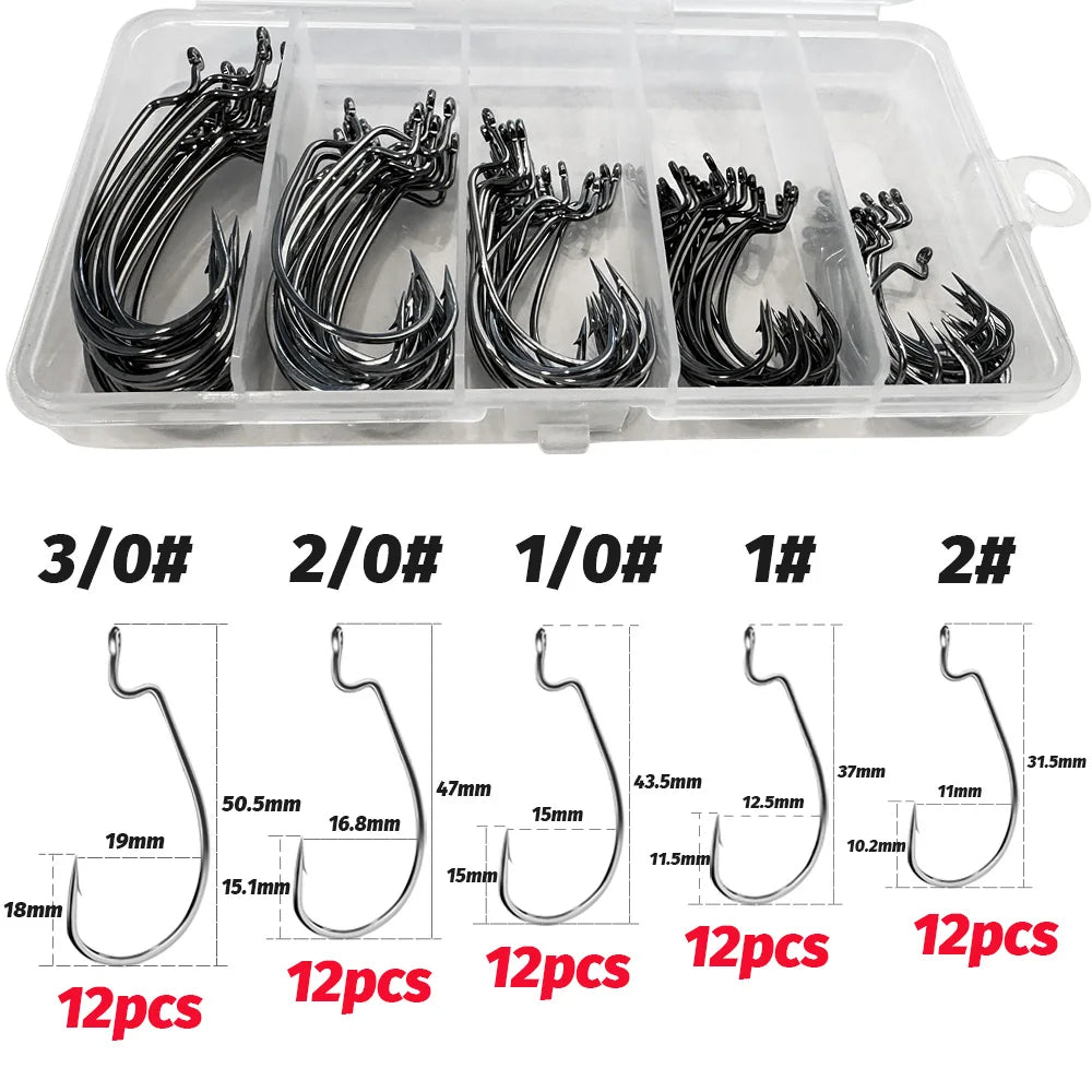 60pcs/ Box Worm Hooks Wide Gap Texas Rig Jig Crank Bass High Carbon Steel Offset Barbed Hook Fishing Tackle Soft Lure Fishhook