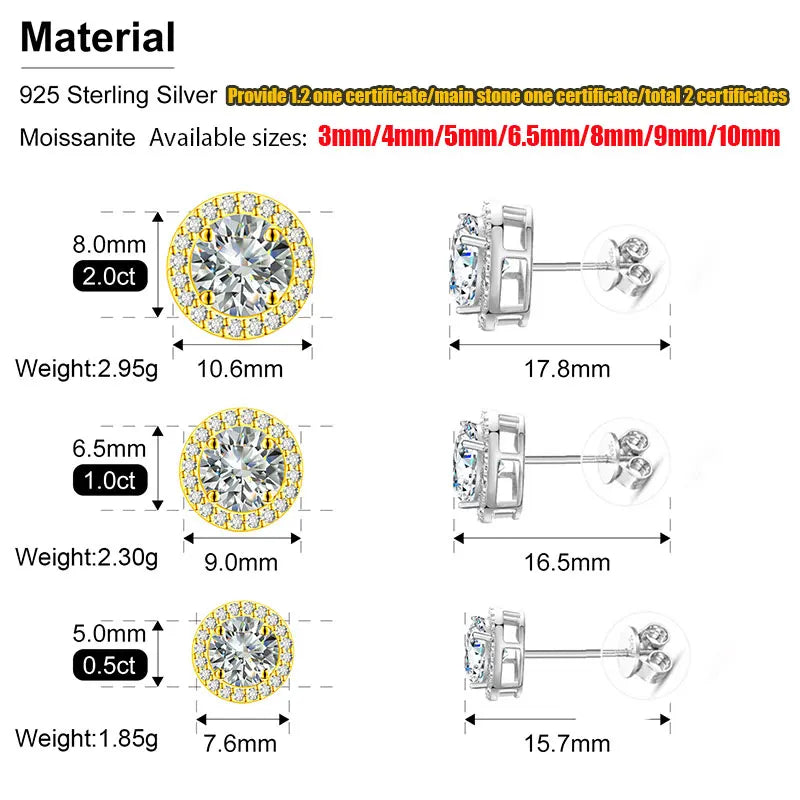 Tuhe Unisex VVS1 Moissanite Women Earrings 925 Silver Fine Jewelry 3MM 4MM 5MM Fashion Earrings Gift