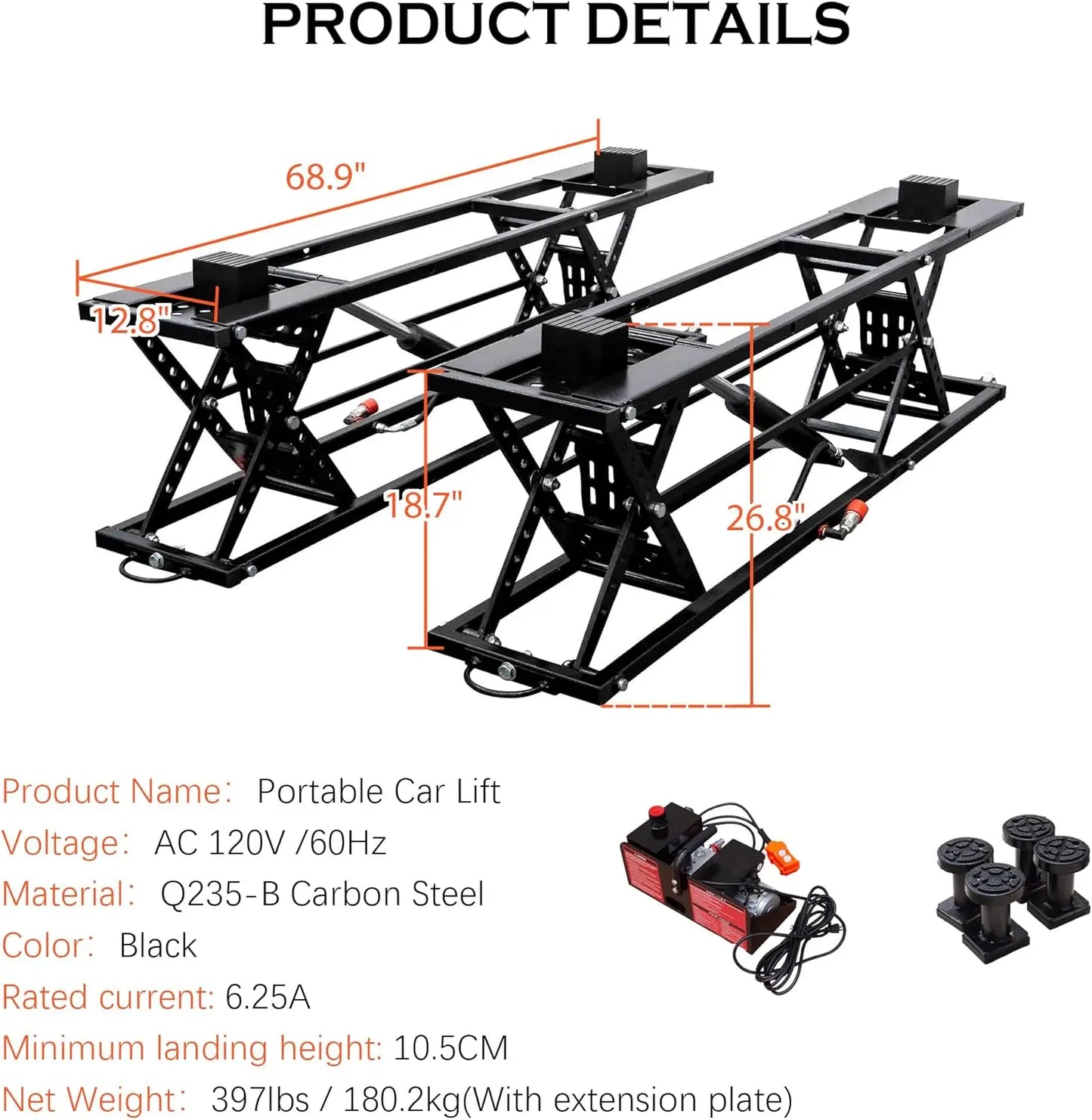 Heavy Duty Portable Car Lift 7000 LBS Capacity 28 Inch Lift Height Safety Locks