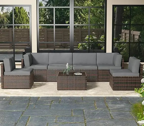 7 Piece Outdoor Patio Furniture Set Sectional Conversation Chair with Coffee Table L Shape Garden Set