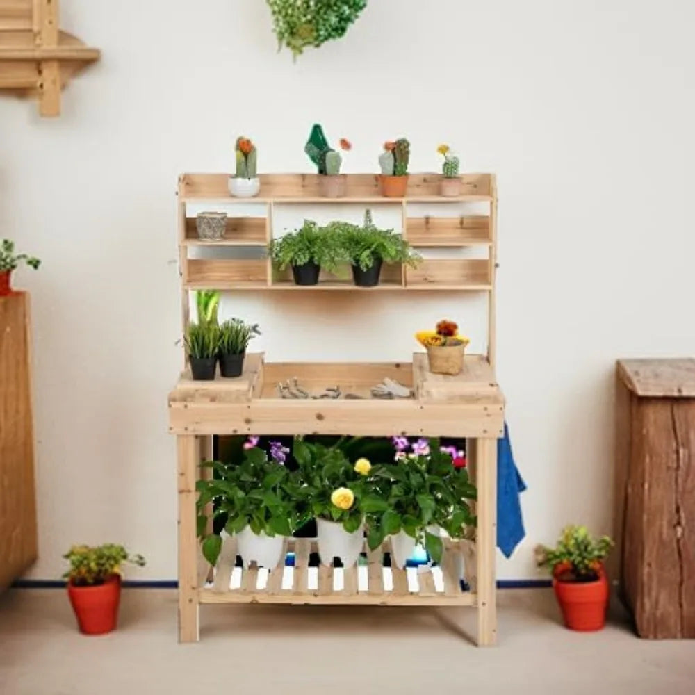 Potting Bench Wood Workbench With Storage Flip Up Tabletop Shelves And Hooks