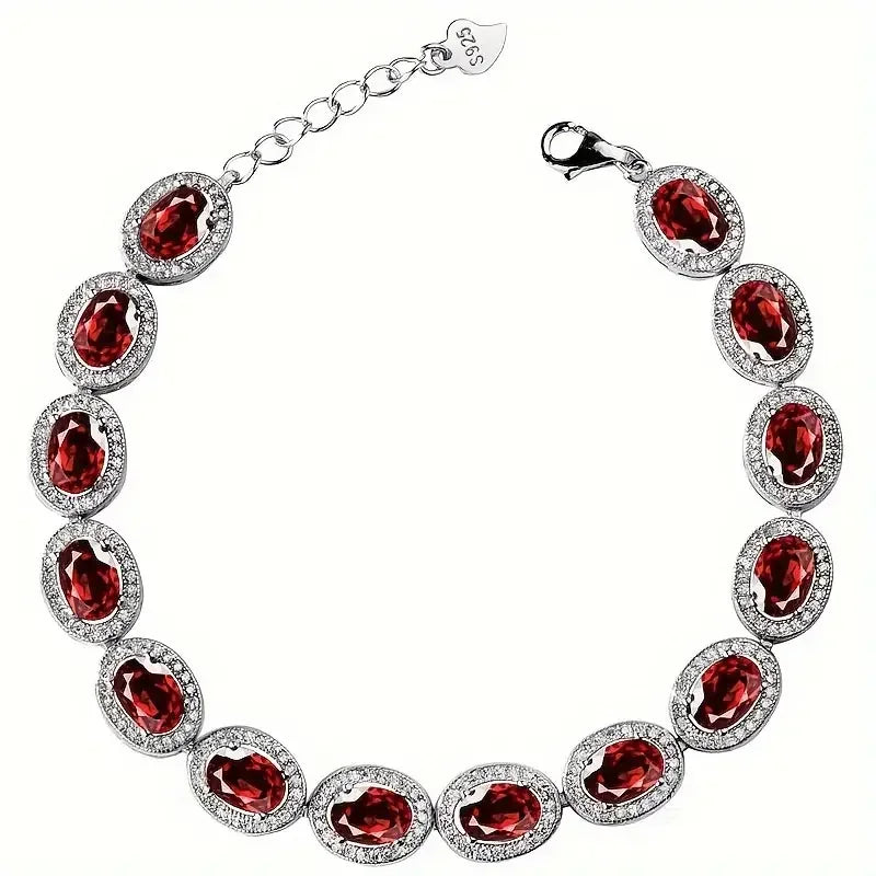 S925 Sterling Silver Garnet Bracelet Natural Red Stone Minimalist Gift For Her