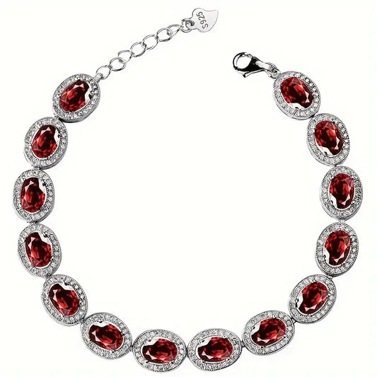 S925 Sterling Silver Garnet Bracelet Natural Red Stone Minimalist Gift For Her