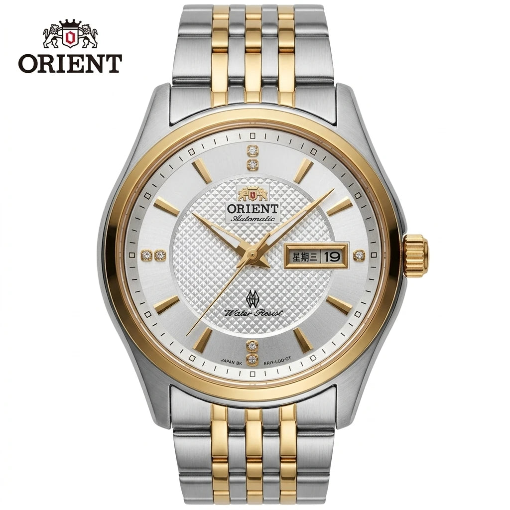 Orient Men's Business Automatic Mechanical Watch Dual Calendar Week Display Crystal Hour Markers Stainless Steel Band Wristwatch