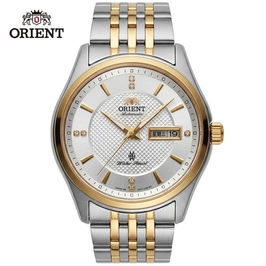 Orient Men's Business Automatic Mechanical Watch Dual Calendar Week Display Crystal Hour Markers Stainless Steel Band Wristwatch