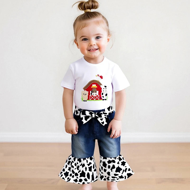 Baby Girl Farm Piglet Embroidery Denim Set With Headband