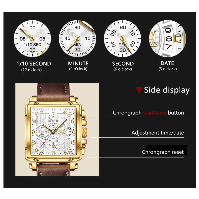 OLEVS Men Quartz Chronograph Watch Waterproof Leather Band Rectangle Case
