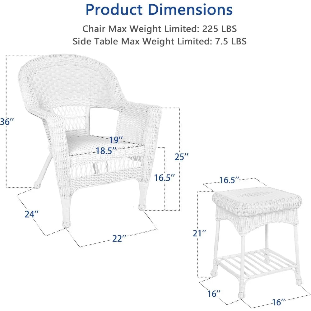 3 Piece White Wicker Chair and End Table Set Without Cushion