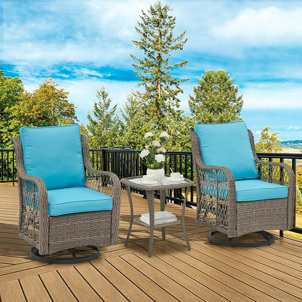 3 Piece Wicker Swivel Rocking Patio Set With Cushions Two Chairs And Glass Table